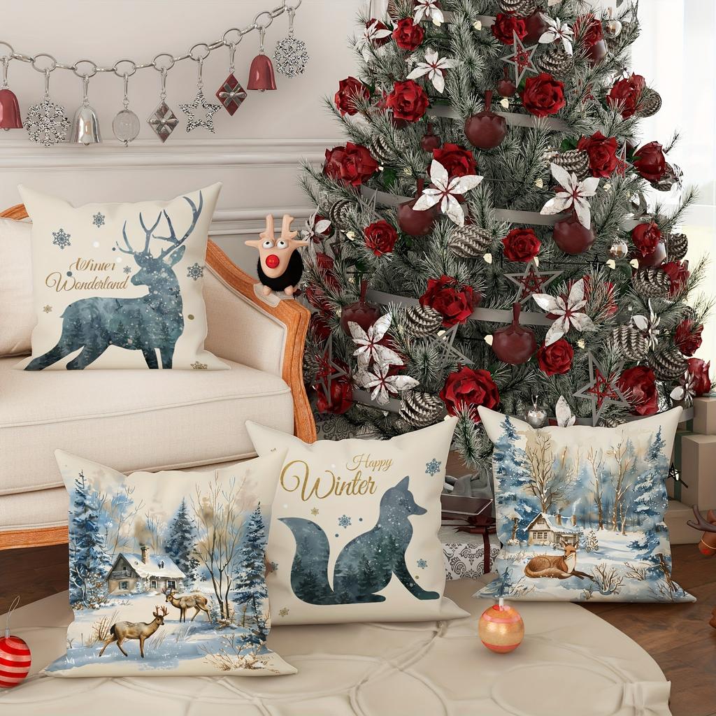 Christmas Pillowcases: Winter Wonrland, Fox & Deer Scenes With Happy Winter Sofa Room Cushion Cover Home Coration Gift