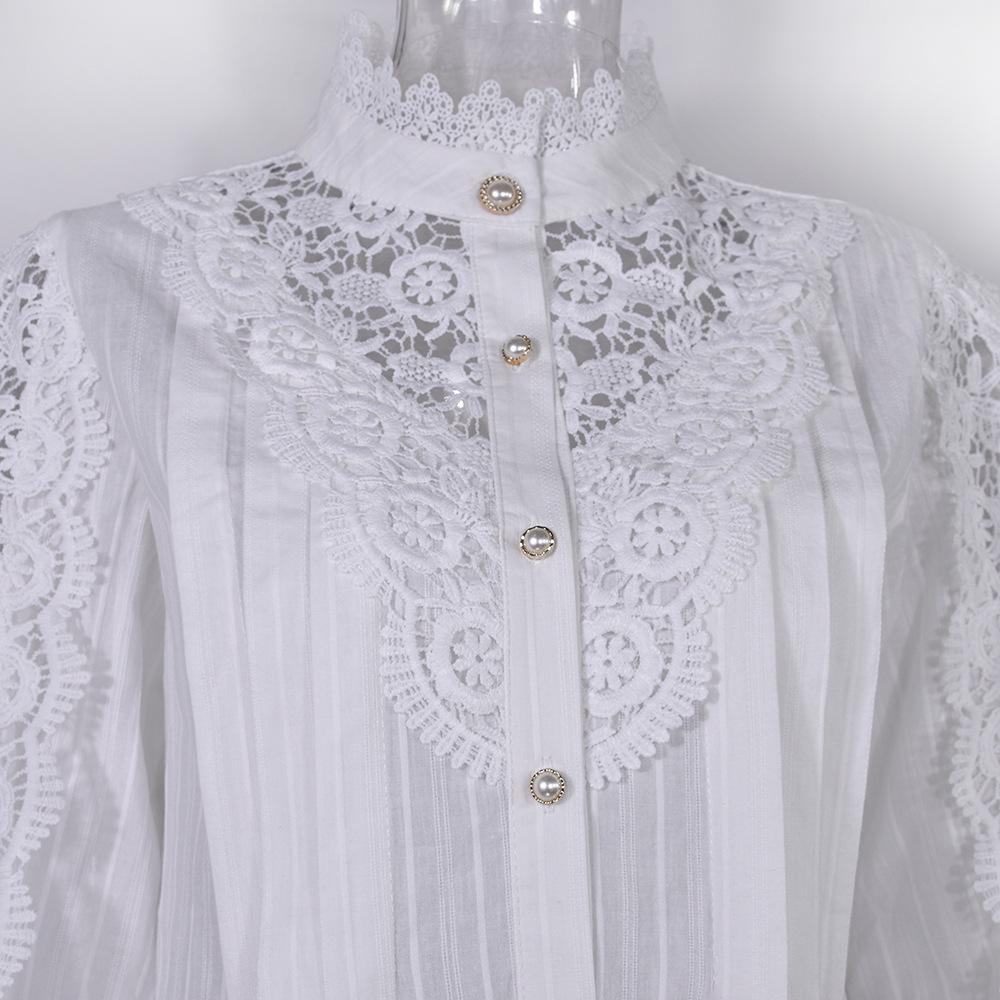 Lace Hollow Out Hook Flower Blouse Women Cotton Shirts Button White Black Top Long Sleeve Stand Collar Elegant Shirt