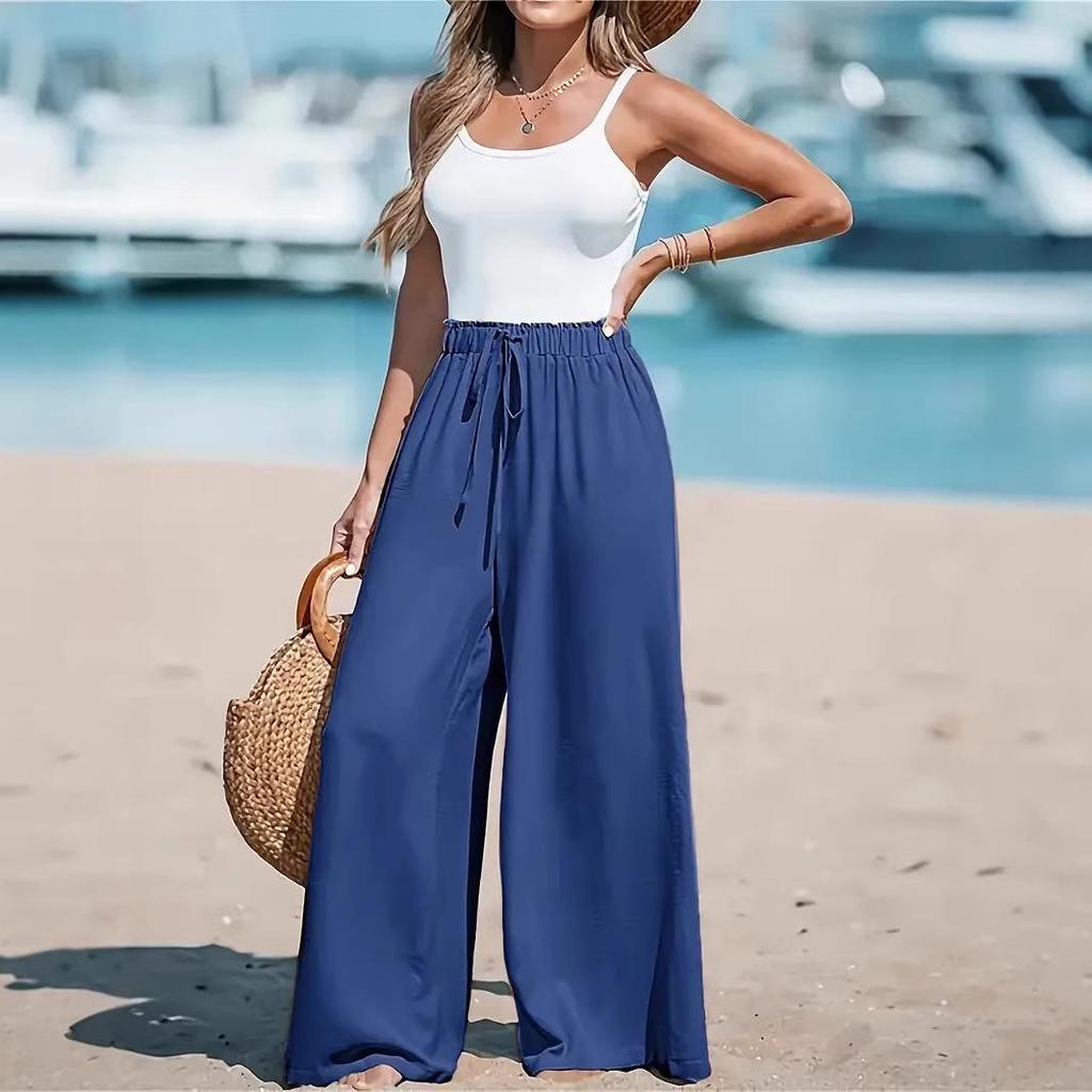 Women's Wide-Leg Solid Color Casual Polyester Pants