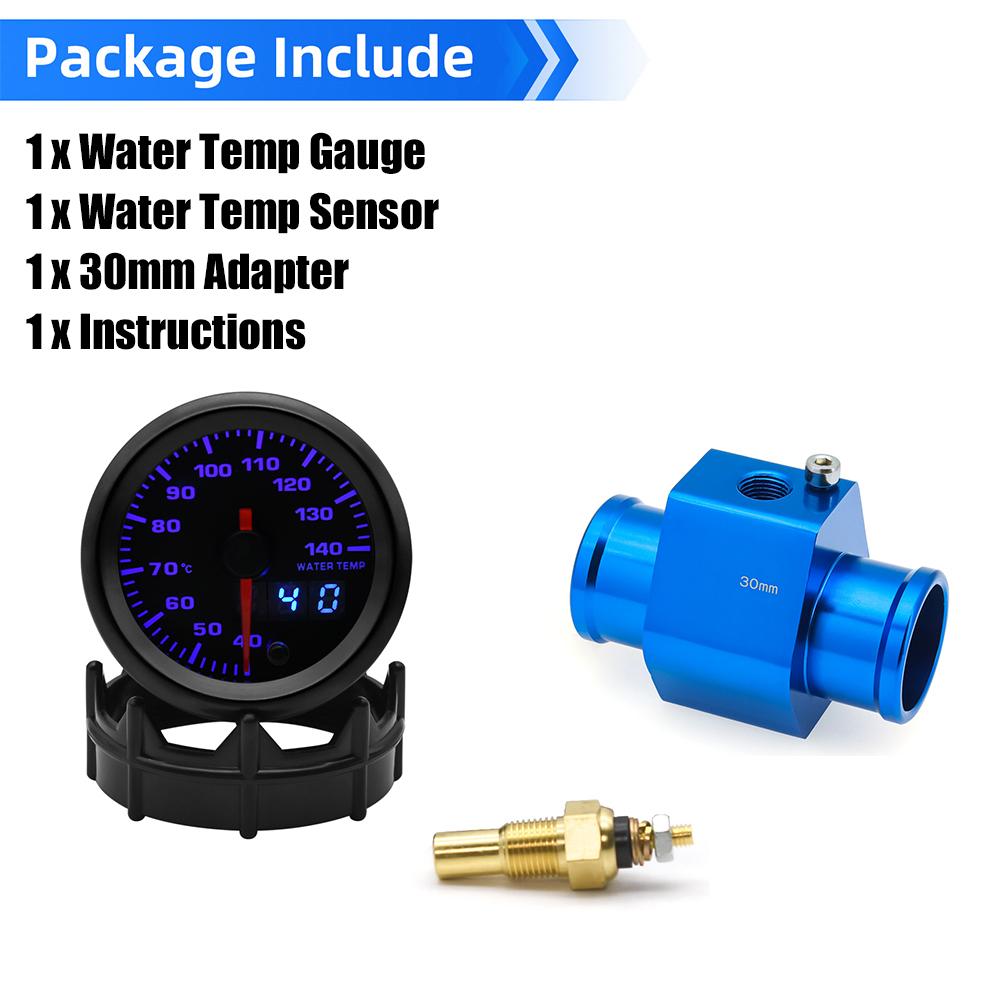 2“ 52mm Water Temperature Gauge 40-140 Celsius 7 Colors Backlight Water Temp Sensor Joint Pipe Sensor Hose Adapter For 12V Car