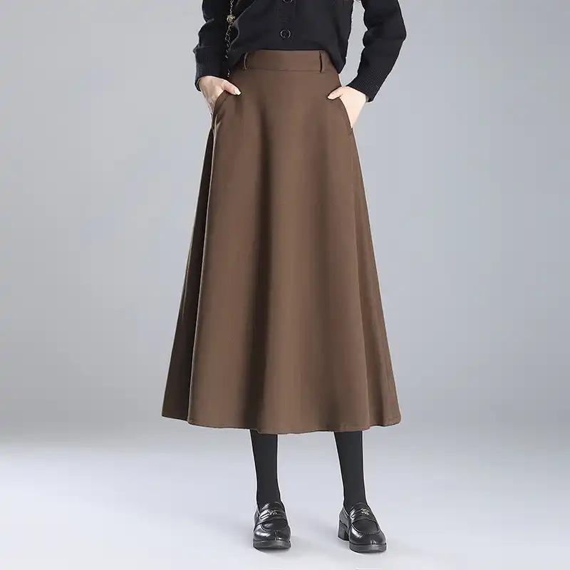 Woolen Skirt Women's Autumn Winter New Style Small Person Control High Waist Slimming Mid-length A-line Skirt