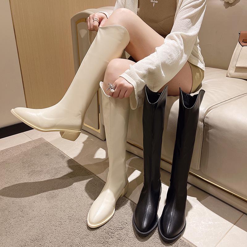 2024 Женские ботфорты до колена с острым носком на массивном каблуке и платформе в западном стиле - Средний каблук Длинное голенище Дизайн выше колена 35 грязно-белый 1915₽