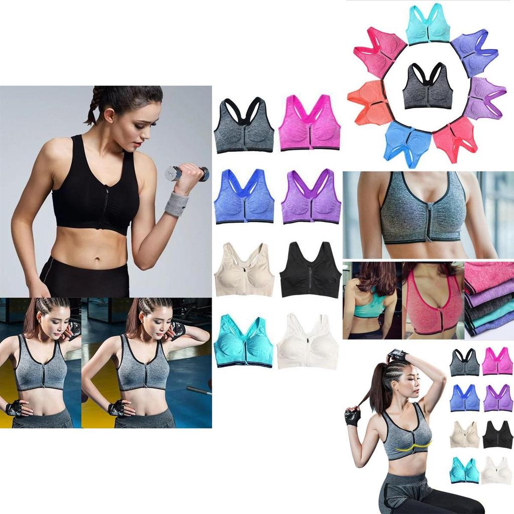 Womens Front Zip Wireless Padded Sports Bra Yoga Cami Push Up Support Top Vests With Seamless Design