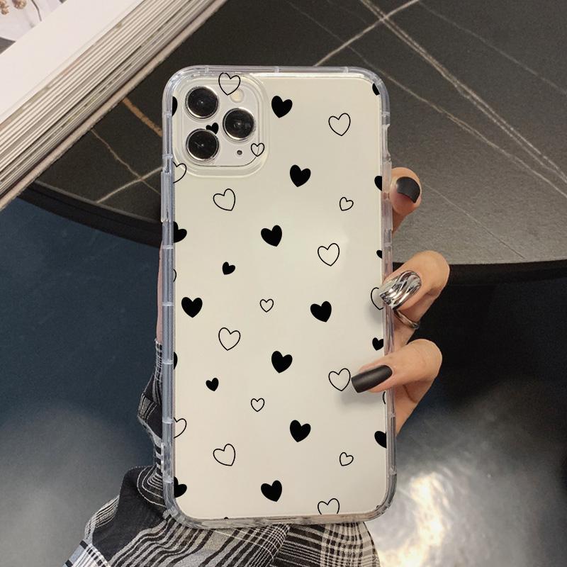 Cute Black White Love Heart Shockproof Phone Case For iPhone 16 14 15 13 Pro Max 12Mini 11 XR XS 7 8Plus Clear Soft Cover Fundas