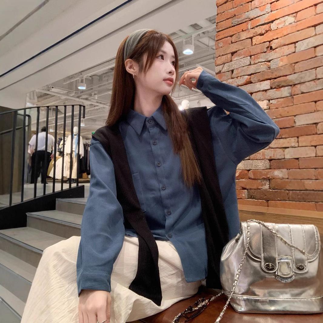 

Red Retro Hong Kong Style Fake Two-piece Shawl Shirt for Women In Spring and Autumn New Loose Design Niche Long-sleeved Shirt XXL синий