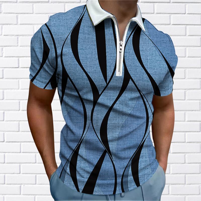 Men's Shirt Polo Casual Zip Short Sleeve Fashion Casual Zipper Summer Spring Regular Fit 3D Water Stripe Print Shirt