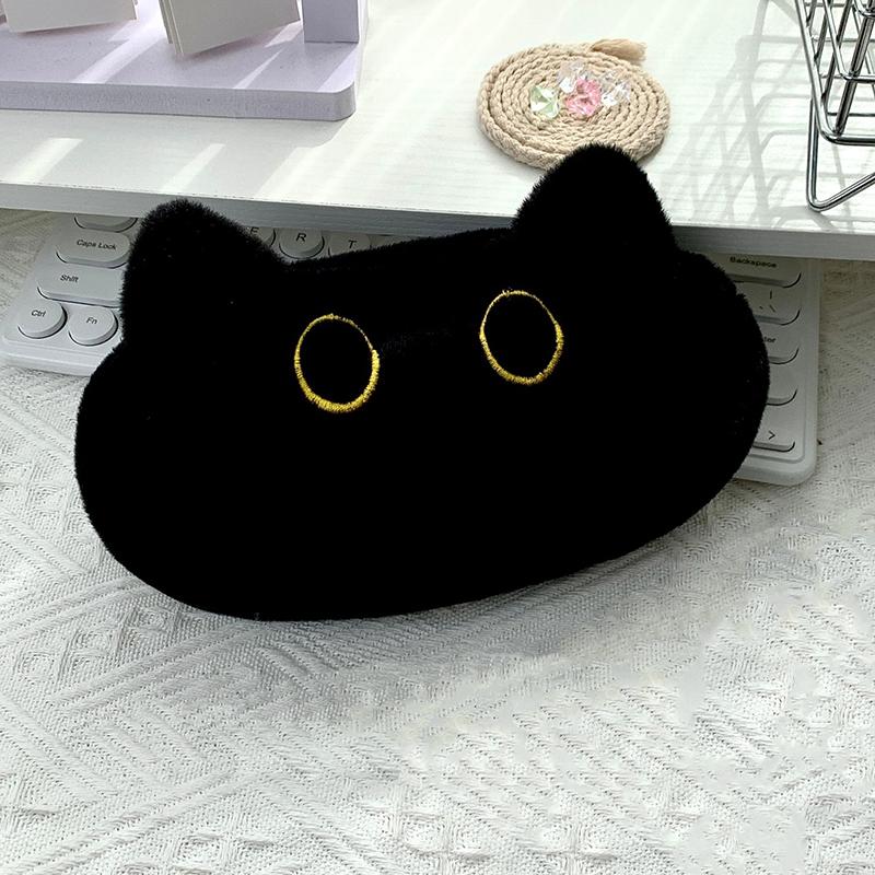 Trousse à crayons en peluche avec chat noir mignon, sac à crayons en forme d'animal de dessin animé, sac de rangement de papeterie de grande capacité, sac de rangement pour fournitures scolaires, sac de cosmétiques