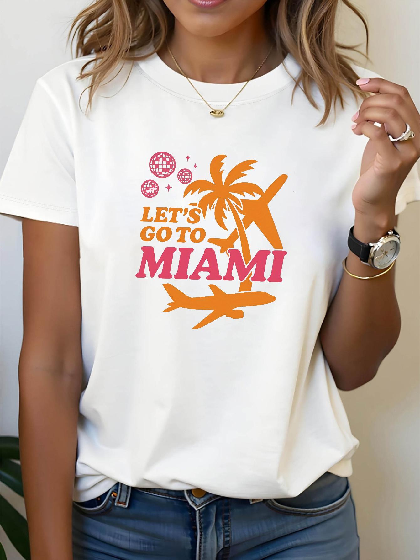Футболка с принтом  LET s GO To MIAMI , с коротким рукавом, круглым вырезом, повседневный топ для лета и весны, Женская одежда S белый