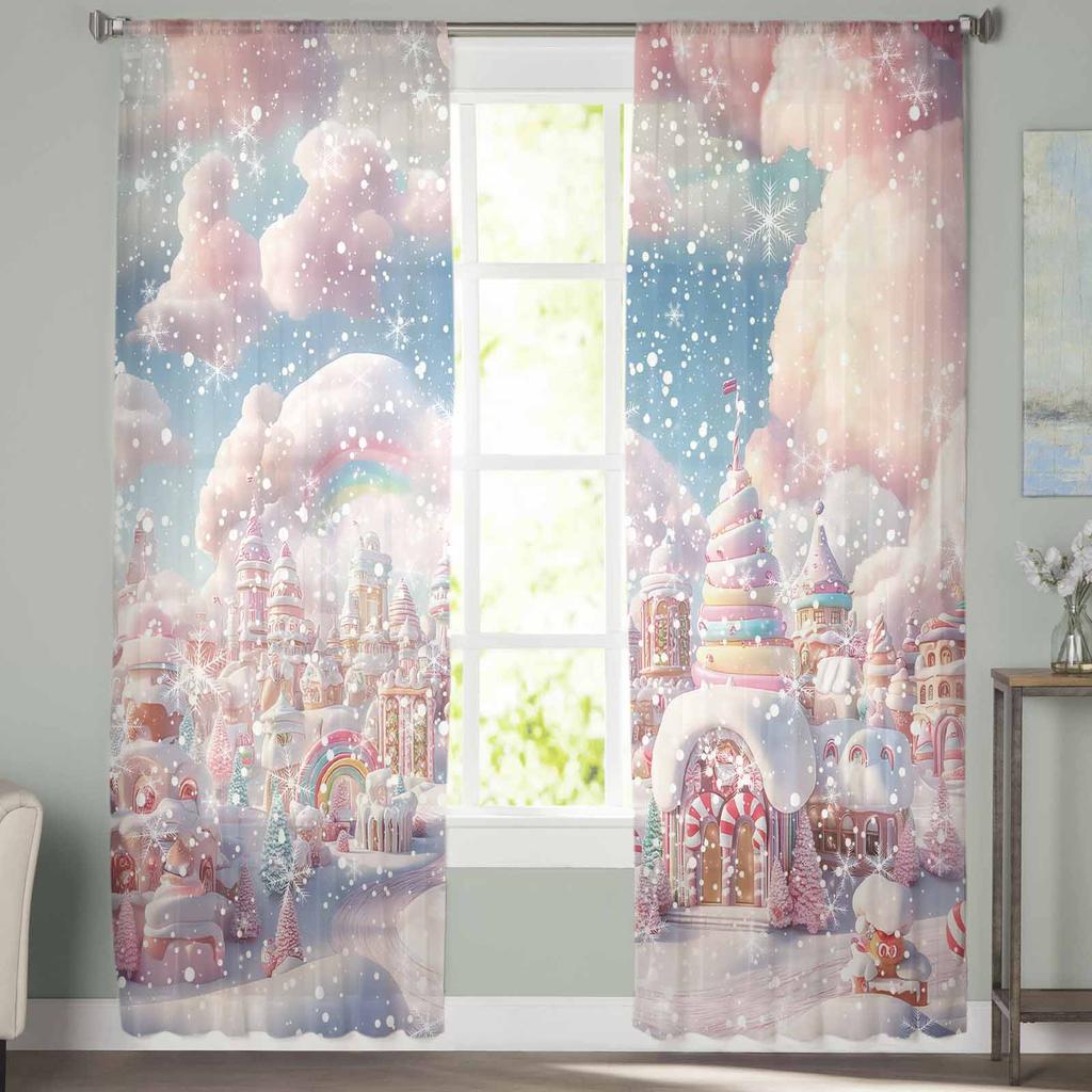 Christmas Candy Winter Curtains For Living Room Bedroom Home Decoration Window Voile Tulle Curtain Drapes