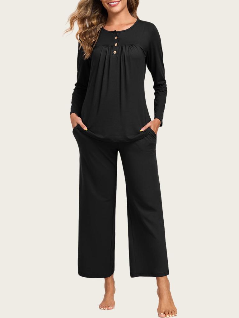 European & American Women's Fashion: Autumn 2025 2-Piece Pajama Set – Casual Long Sleeve Top & Pants with Pockets