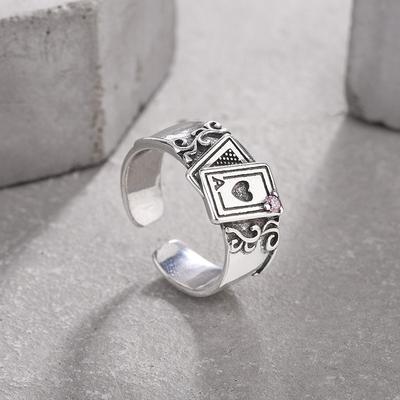 Verstellbarer Offener Ring Damen Herren Sterling Poker Karten Design Vintage Geometrisch Finger Mode Statement Schmuck