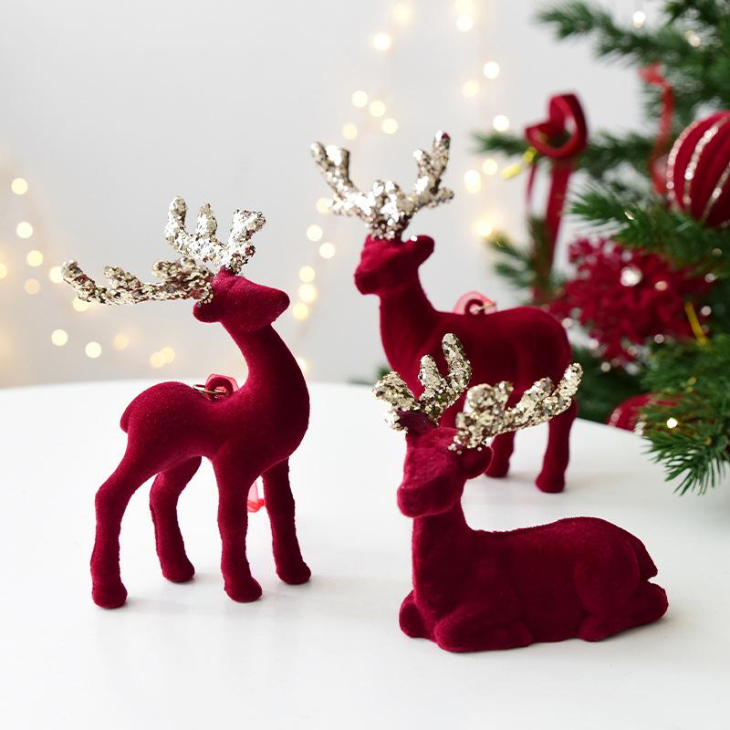 1Pcs Christmas Reindeer Deer Ornaments Decorations House Tabletop Decor Hanging Baubles Flocking Mini Deer Pendant Elk