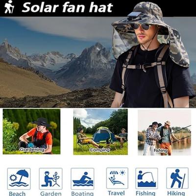 Chapéu de Sol com Estampa Camuflada Yousheng, Xale de Aba Larga, Chapéu de Pesca com Design de Ventilador de Dupla Potência, Ajustável em 3 Velocidades, Proteção UV, Chapéu para Exterior