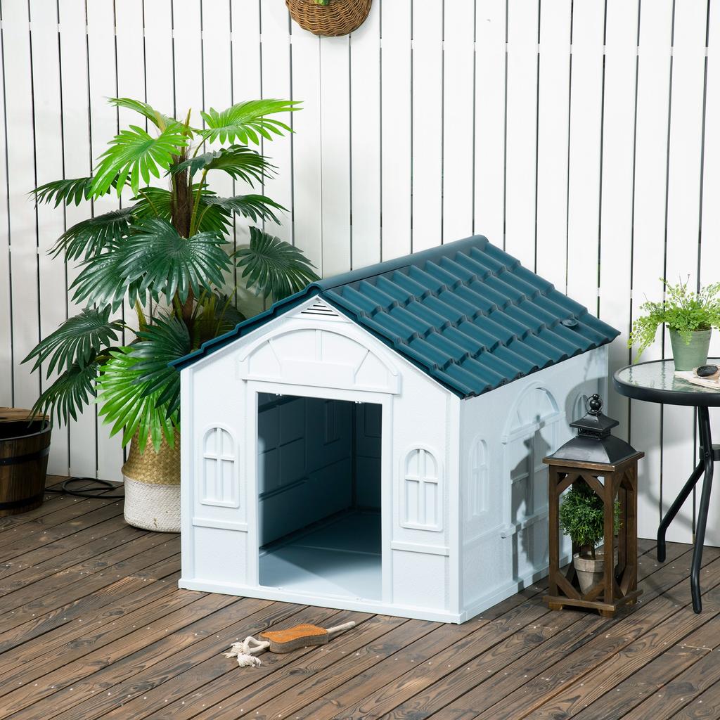 Plastic Weather-Resistant Dog House, for Indoors and Outdoors, Large Dogs - White and Blue