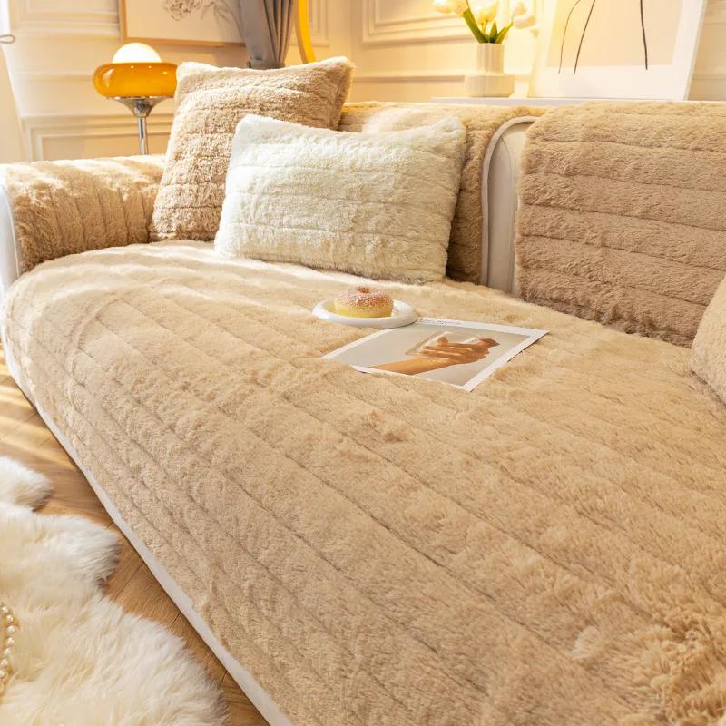 Super Soft Plush Sofa Towel Solid Color Modern Non-slip Couch Cushion Cover Thicken Warm Winter Bay Window Mat for Living Room
