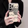Silver Frame Mirror Phone Case for iPhone 15/14/13/12 Pro Max with Three Cat Design
