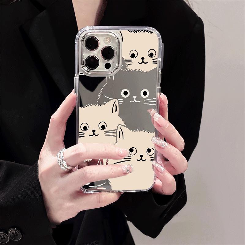 Silver Frame Mirror Phone Case for iPhone 15/14/13/12 Pro Max with Three Cat Design