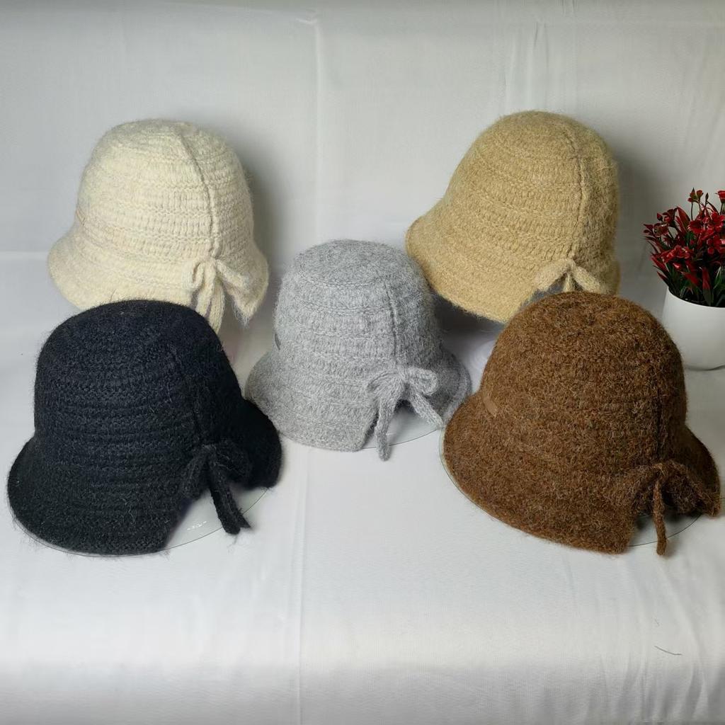 Needle Bucket Hat Female Tide Autumn and Winter Solid Color Versatile Sweet Wool Knitted Warm Bucket Hat Fashionable Foreign Style