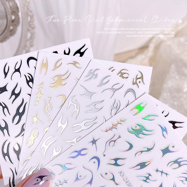 Nail Sticker Mirror Thorn Flame Manicure Sticker Hot Gold and Silver Laser Aurora Irregular Metal Nail Sticker Decoration