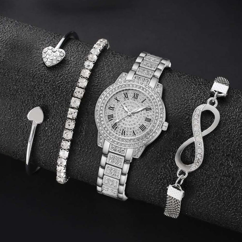 Ladies Watch Set, Steel Belt Full of Diamonds, High-end Quartz Watch Temperament, Business Leisure Watch Wholesale