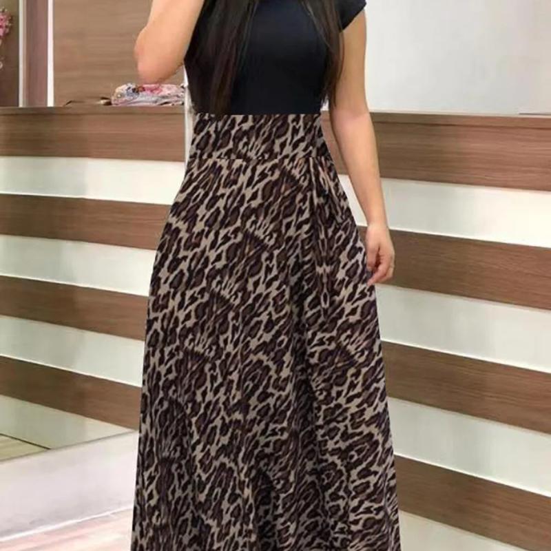 2024 European and American style flower print color matching short sleeved dress for women's large swing skirt