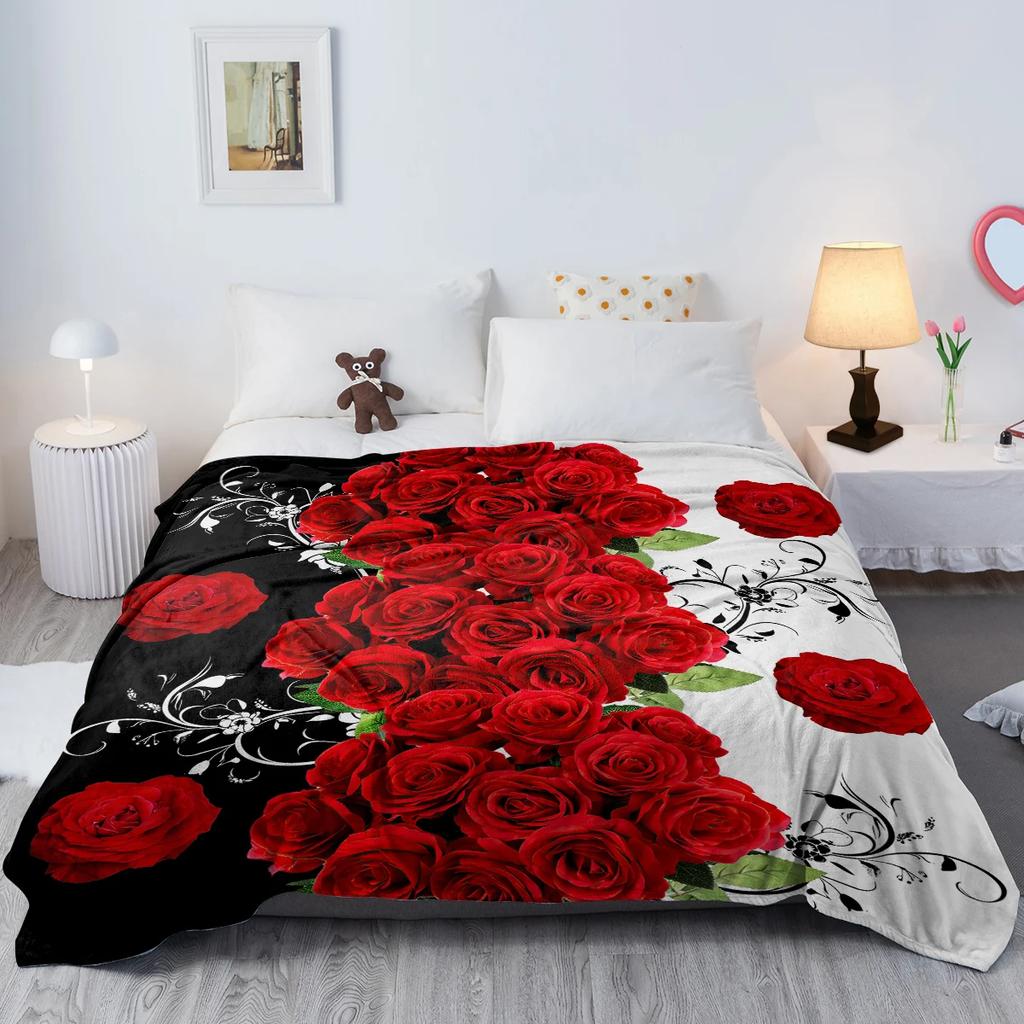 3D Rote Rosen Blumenmuster Decke Schwarz Weiß Splice Muster Warm Gemütlich Weich Überwurf für Alle Jahreszeiten für Couch Sofa Bett