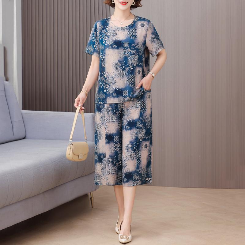 Elegante 2-teilige Sets Damen Sommerkleidung Vintage Lockerer Druck Übergröße Hosenanzüge