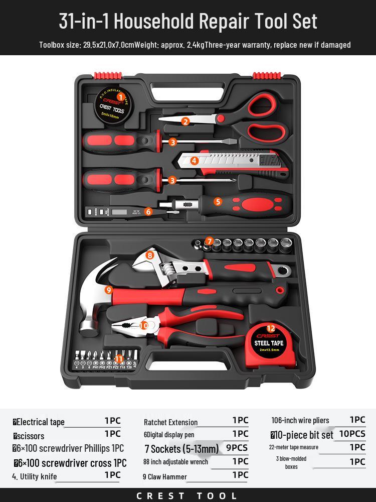 Comprehensive Home Repair Tool Kit: Pliers, Hammer, Wrench, Combination Set.
