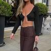 Knitted Cropped Sweaters Women Chain V Neck Long Sleeve Cardigan Tops Pullovers Oversized Clothes Solid S-L