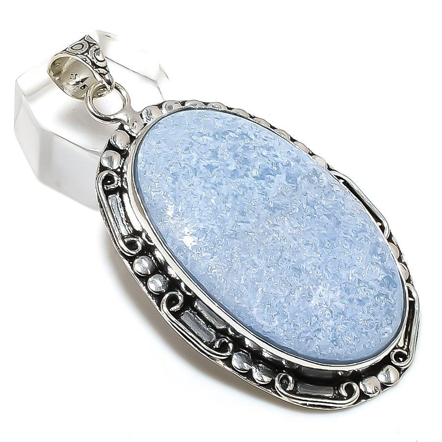 Angelite Stone Gemstone 925 Steling Silver Jewelry Pendant 2.48" i0m35