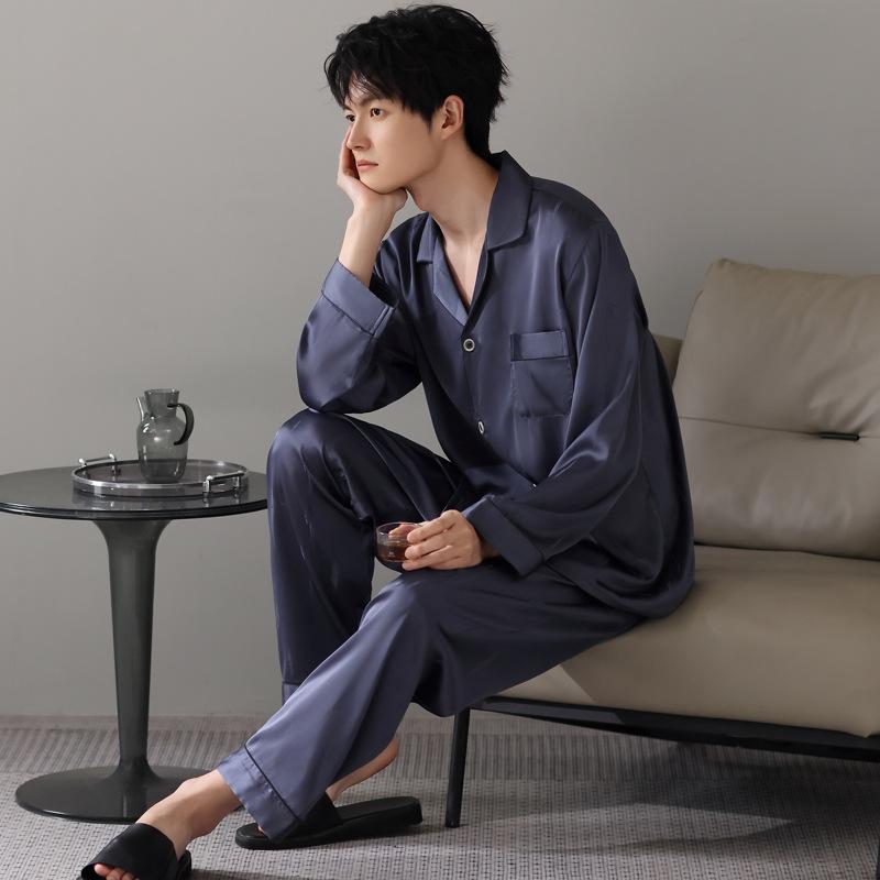 Ice silk pajamas men's summer 1011 new long-sleeved large-size solid-color men's loungewear suit can be worn outside in summer