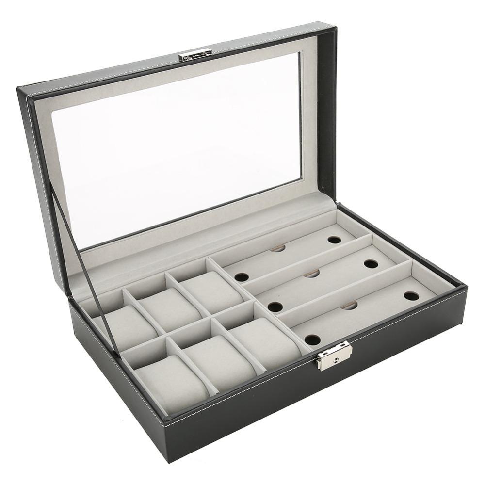 

Portable PU Leather Storage Box 6+3 Grids Multifunctional Display Case Simple Style Delicate Jewelry Storage Eyewear Organize