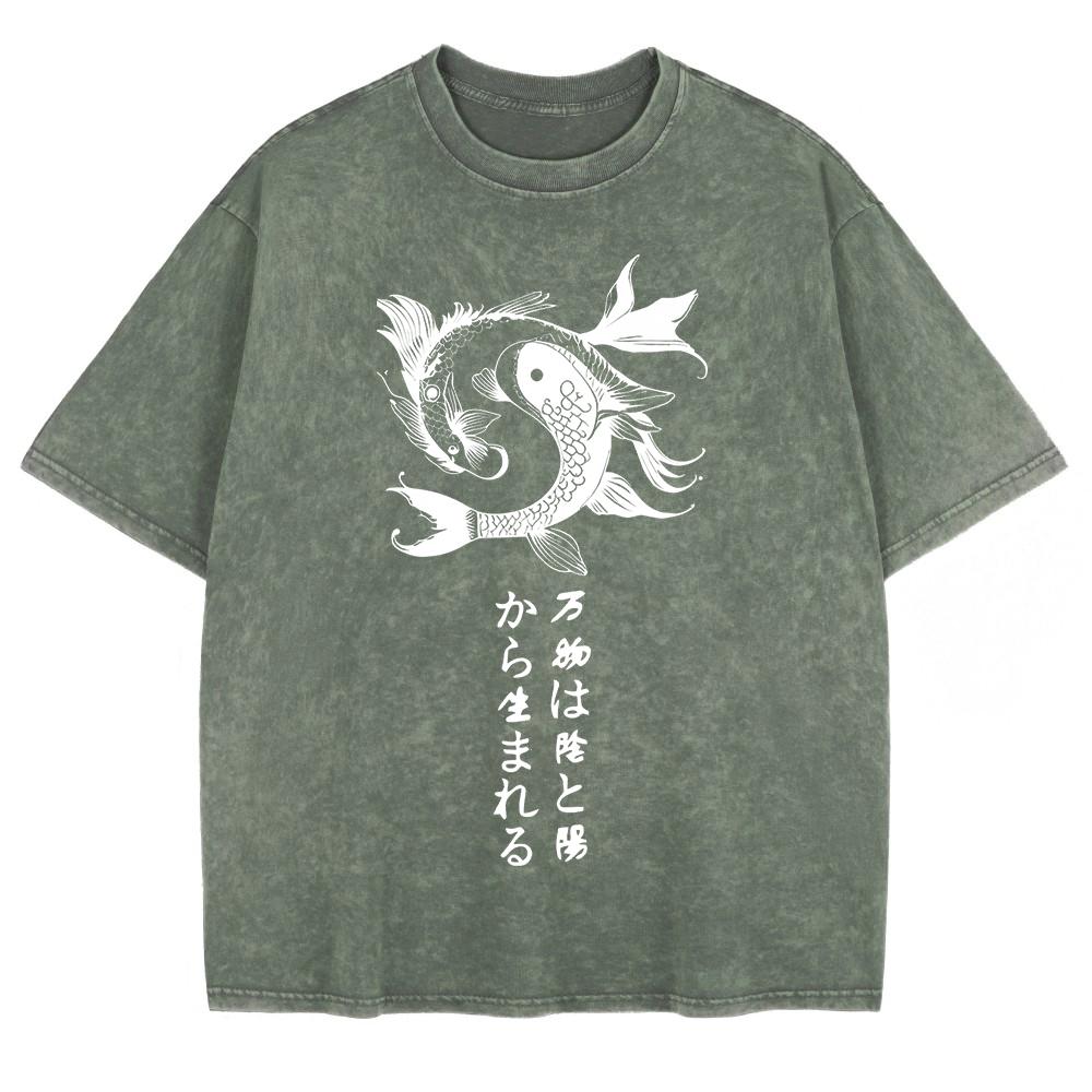Japanese Koi Harajuku Printed Washed T-Shirts Mens Cotton Short Sleeve Tops Summer O-Neck Oversize T Shirt Clothes