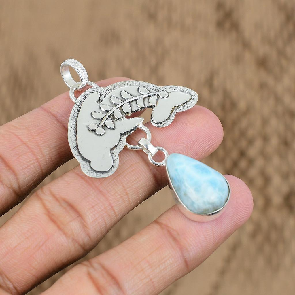 Birthday Gift For Her Natural Larimar Gemstone Pendant Fish 925 Sterling Silver