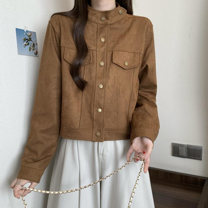 Plus Size 2025 Korean Spring Suede Slimming Long Sleeve Short Jacket for Women