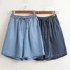 Women Summer Wide Leg Shorts High Waist Elastic Waistband Drawstring Pockets Solid Color Knee-Length Trousers