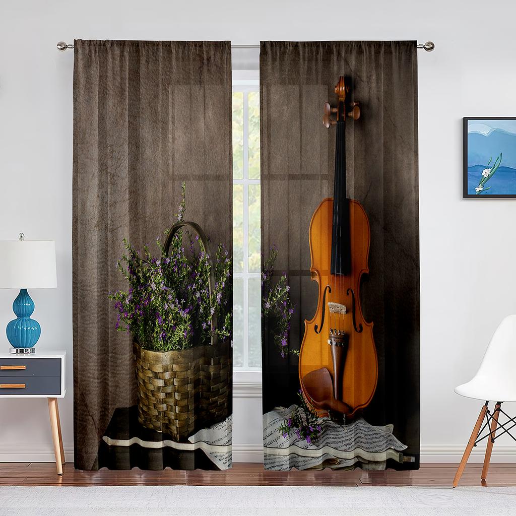 Röd Ros Blommig Kaffe Violin Skir Voile Gardin för Vardagsrum för Fönsterpersienner Sovrum Draperi Kök Hall Tyllgardiner