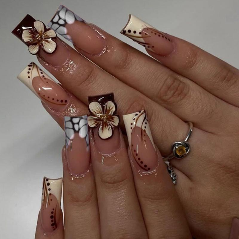 Press on Nails Long Coffin Glossy Full Cover Acrylic Long Square False Nails with Designs Artificial Fake Nails Glue Stick on Fingernails for Women