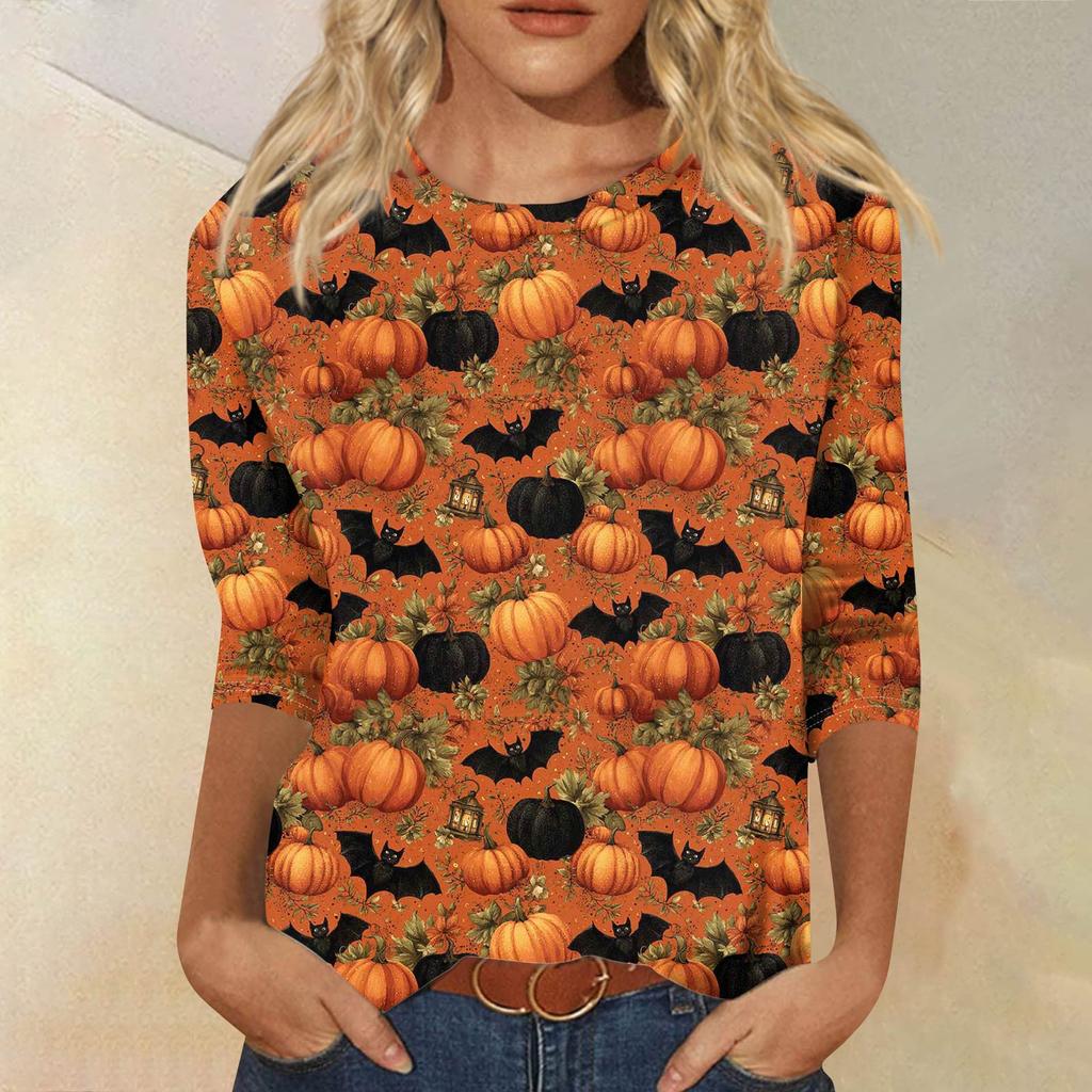 Dámské módní ležérní tričko s tříčtvrtečním rukávem a halloweenským potiskem, s kulatým výstřihem