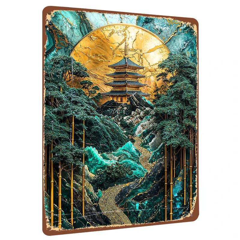 

Chinese Zen Landscape Metal Wall Art Japanese Pagoda Scenery Iron Decor Painting 20x30cm（7.8x11.8inch）
