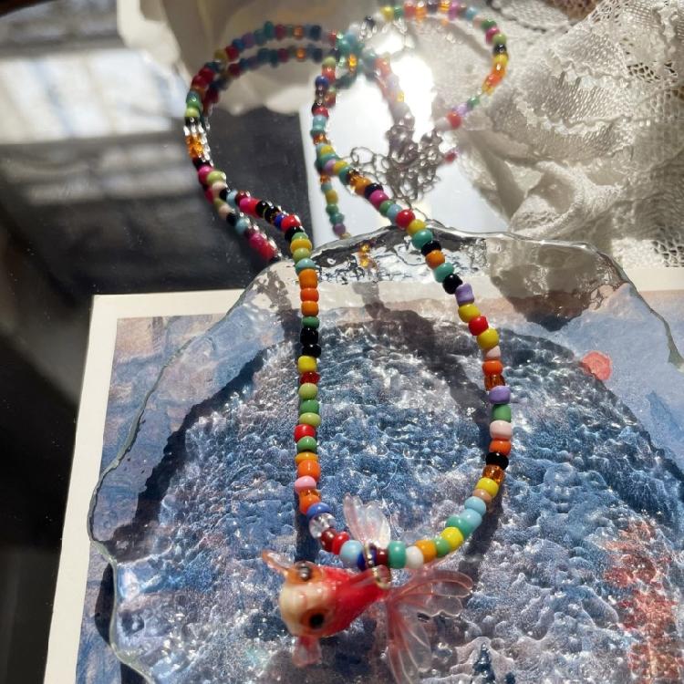 Beaded Necklace with Sweet Resin Fish Pendant Cute Rice Beads Choker Daily Wear