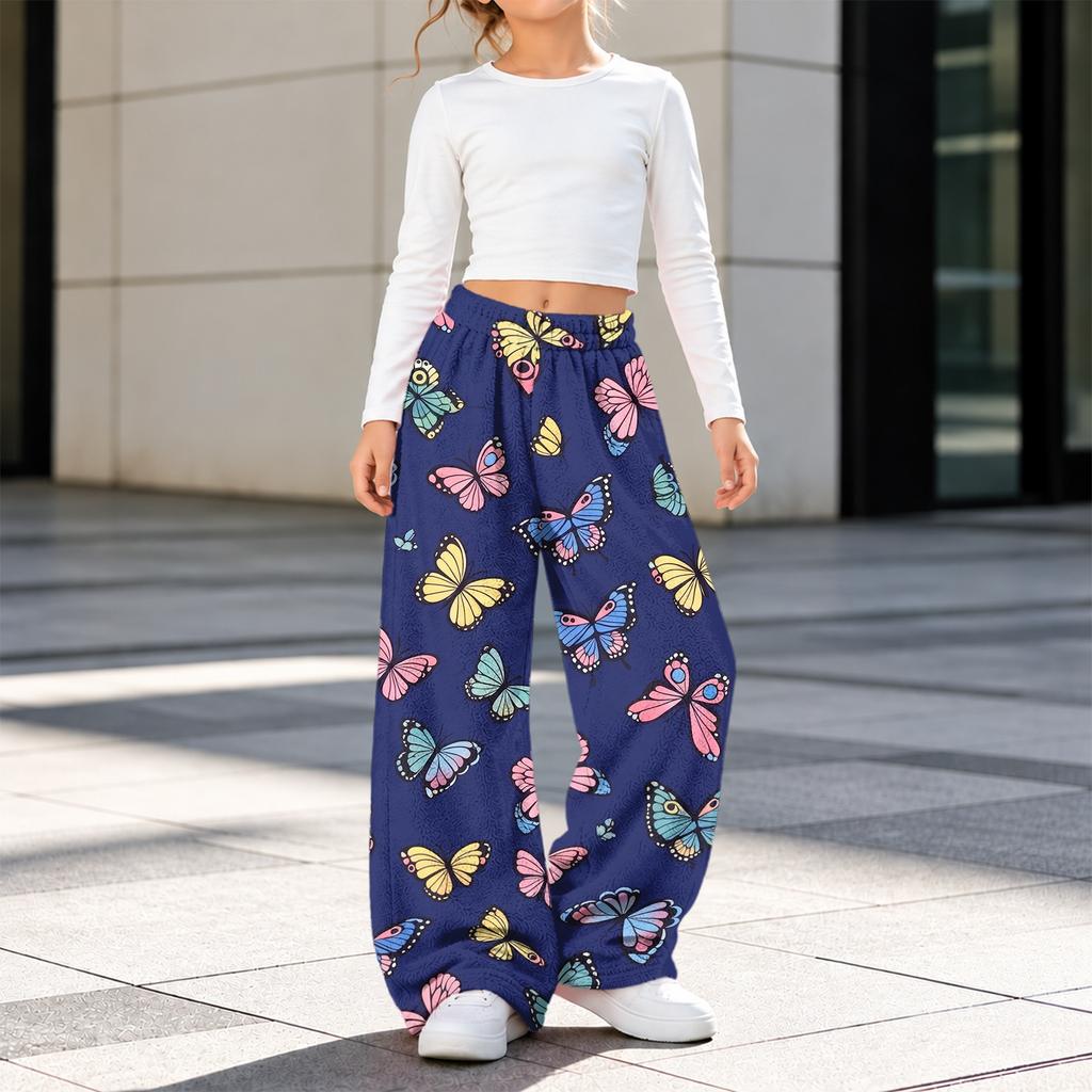 Girls' Flannel Printed Pants Warm Loose Fit Casual Trousers for Fall and Winter