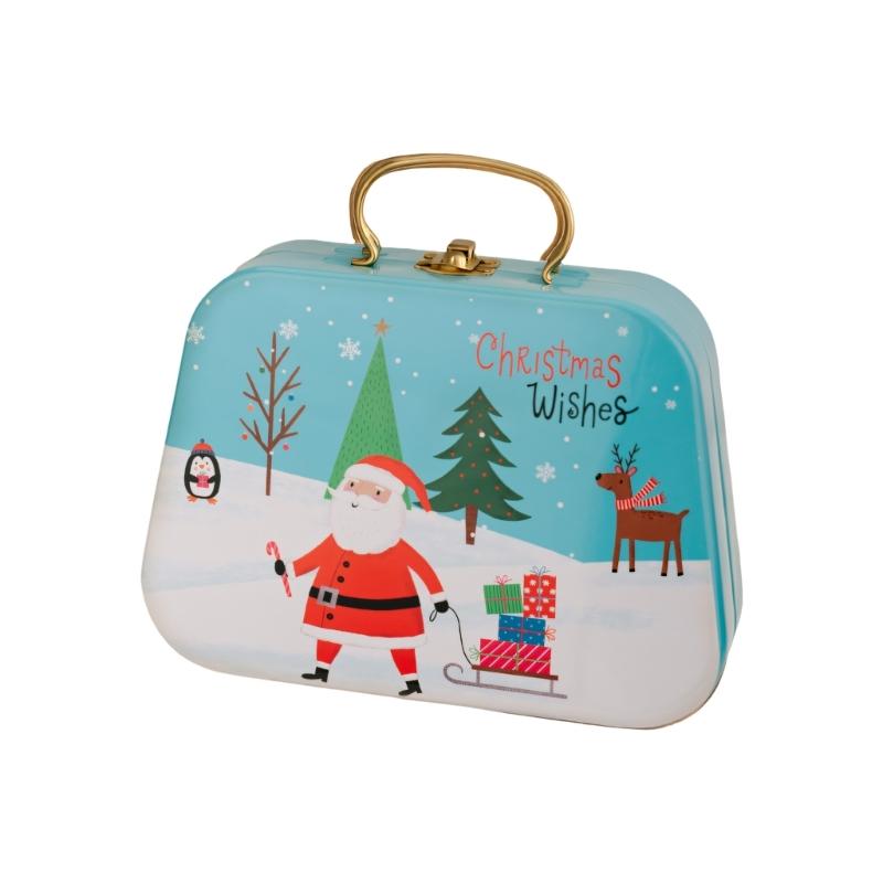Holiday Gift Tin Box Christmas Metal Treat Container with Handle and Lid Closure for Small Gifts, Dessert Table Use