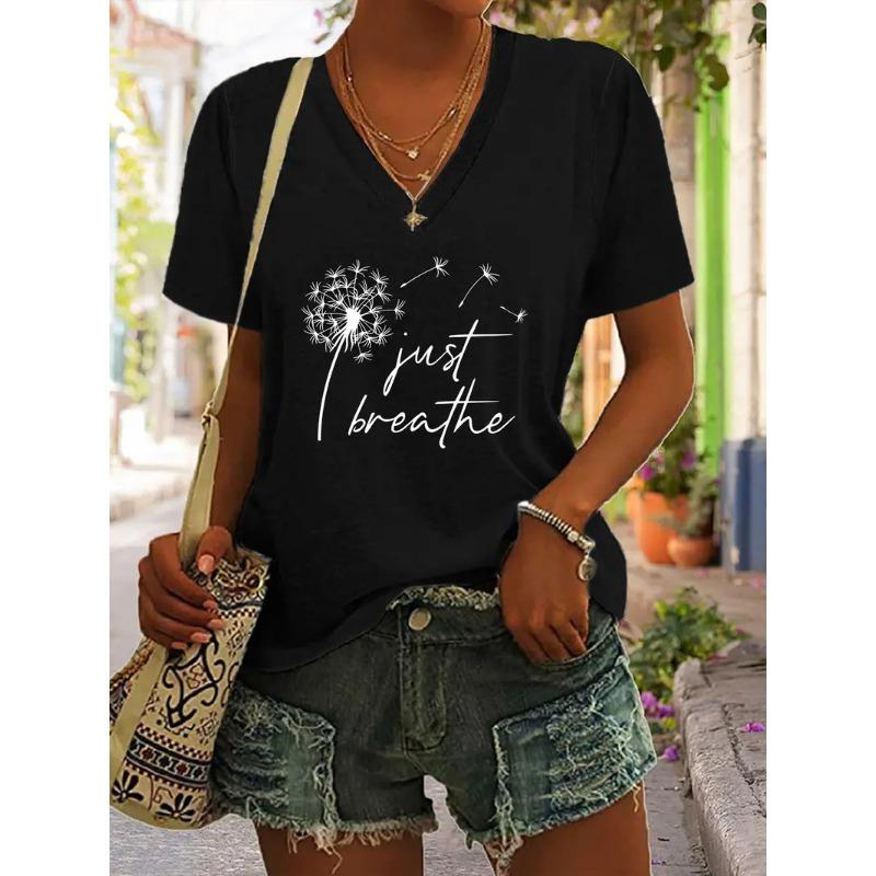 Summer V-neck 3D Dandelion Dragonfly Pattern Printed Top Fashionable Casual Short Sleeved Women's T-shirts