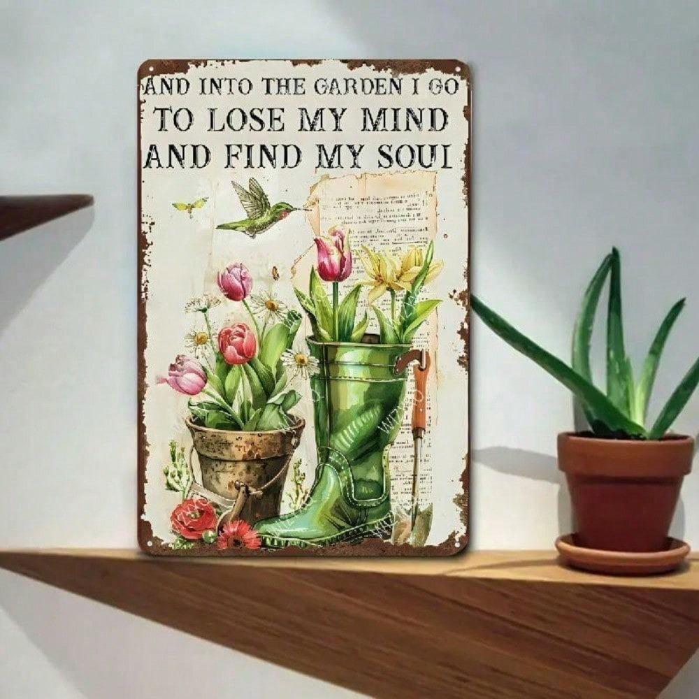 Vintage Metal Wall Art Sign Lose My Mind Find My Soul Rustic Garden Decor 8x12 Inch Floral Tulips Tin Plaque