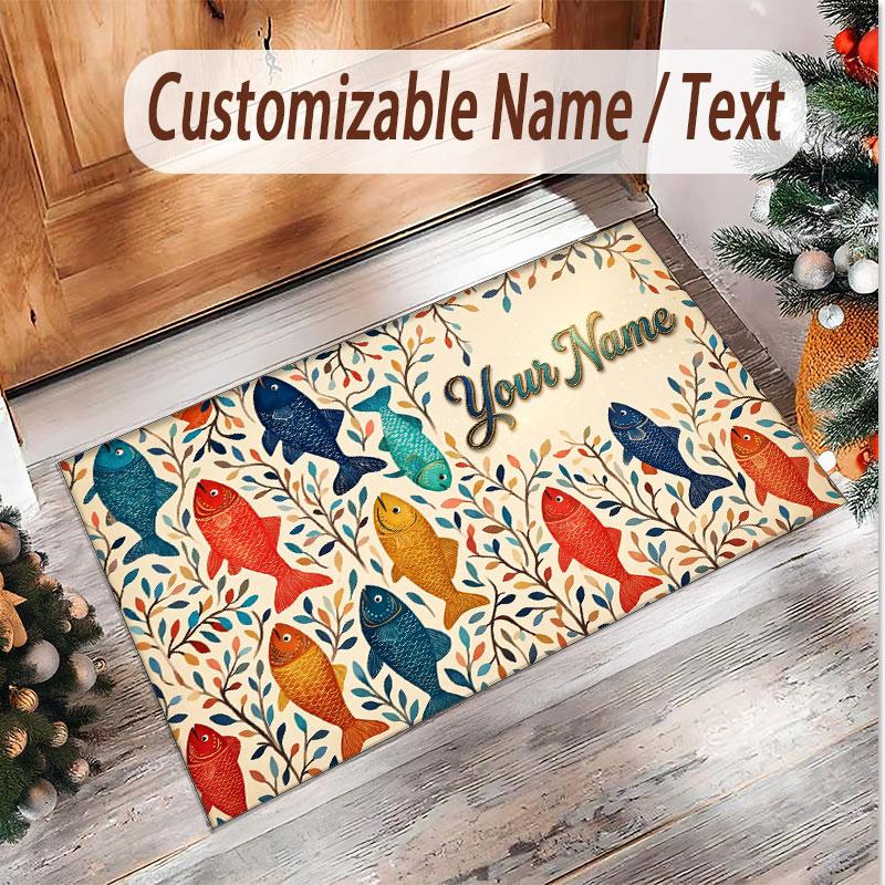 Fish Ocean Theme Soft Crystal Velvet Rug Custom Name & Text Print Non Slip Floor Rug for Bedroom Living Room