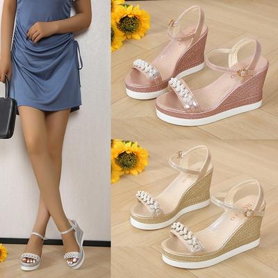 Mode Damen Plateau Sandalen 2024 Sommer Perle Hohe Absätze Mode Damen Keilsandalen Strandschuhe