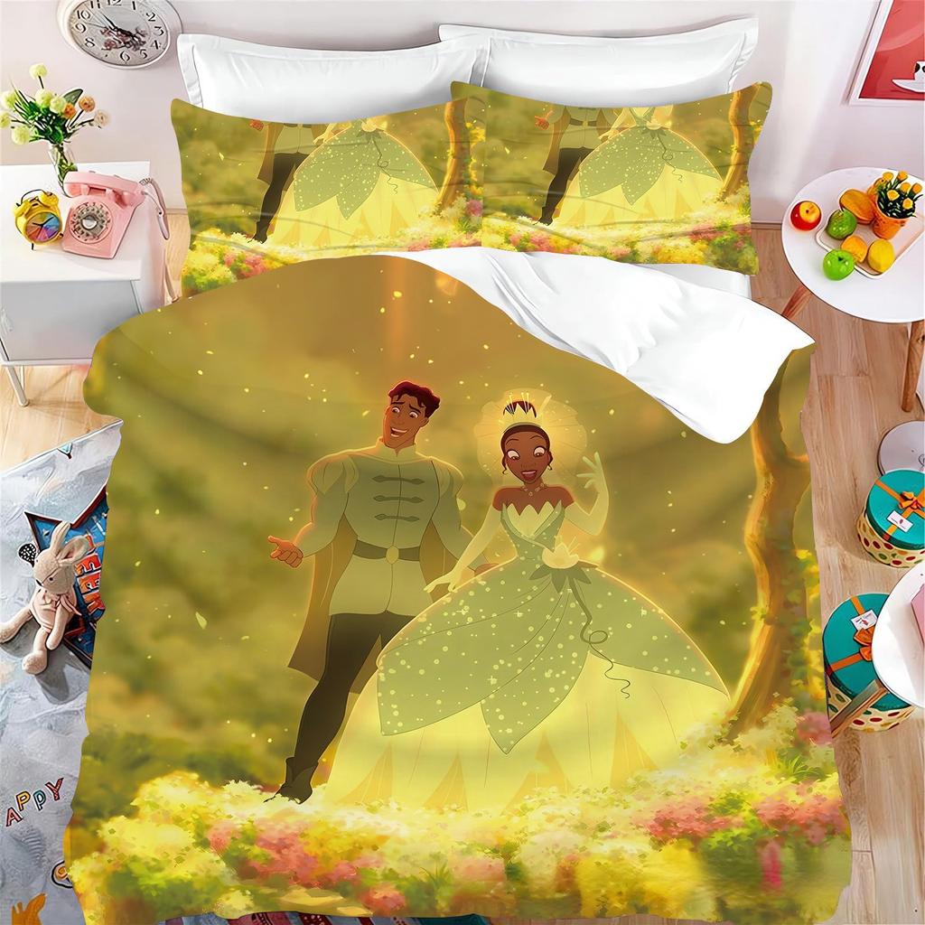Ensemble de literie pour enfant Princesse Tiana, Ensemble de housse de couette dessin animé imprimé princesse mignon, Housse de couette édredon Cadeaux pour enfants 3 pièces