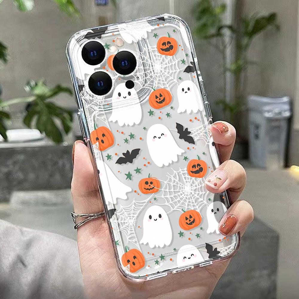 Halloween Pumpkin Ghost Bat Pattern Transparent Soft Phone Case For iPhone 17 Pro 13 11 12 14 15 16 Pro Max XR 17 Air SE Cover