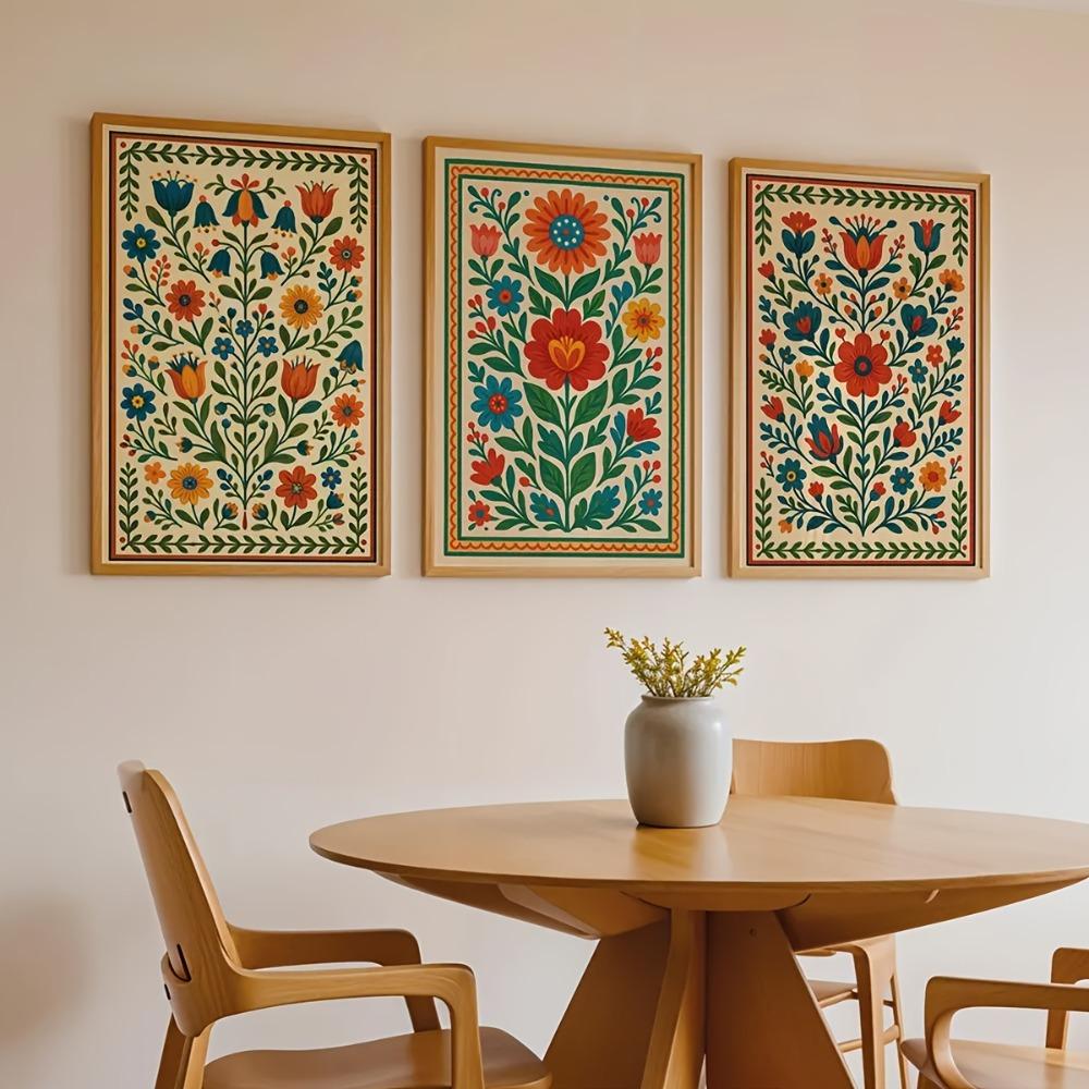 3pcs Frameless, Scandinavian Flower Wall Art, Nordic Folk Art Flower Posters, Colorful Plant Prints, Ethnic Bohemian Decoration